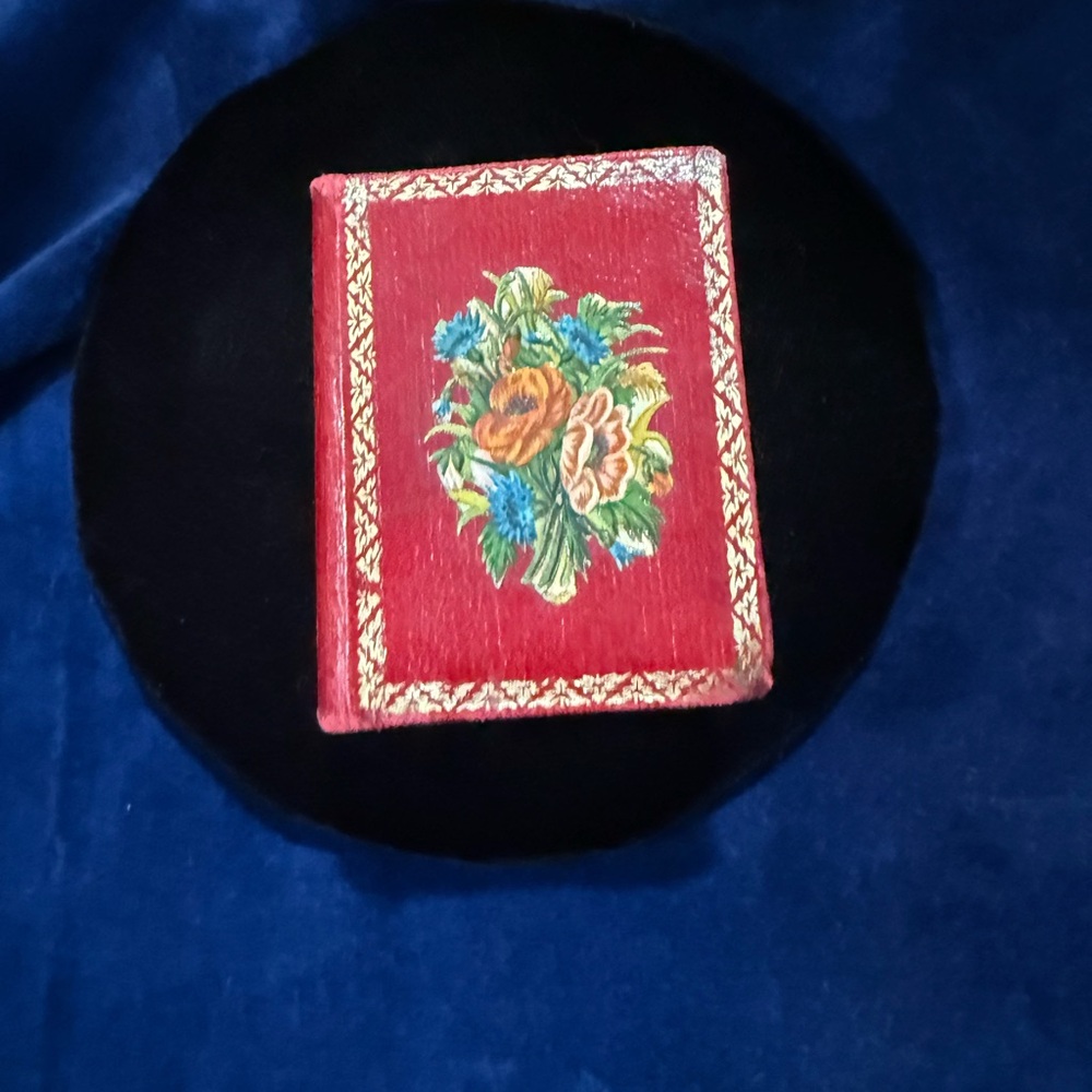 Victorian Small Opening Book Shaped Case Red w/ Lady Portrait & Pull Out Tab